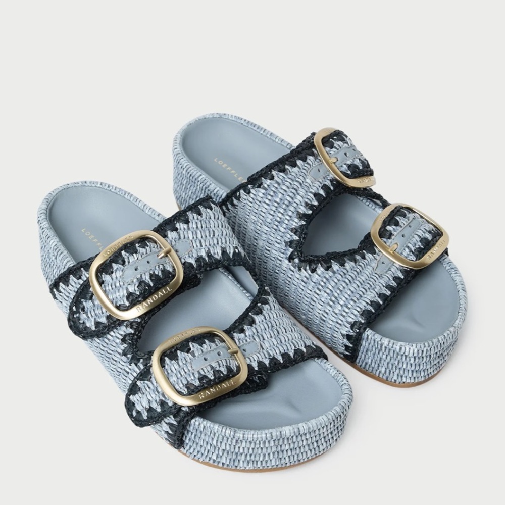 NIB Loeffler Randall Light Blue Woven Double-Buckle Slide Sandals w/Gold Buckles